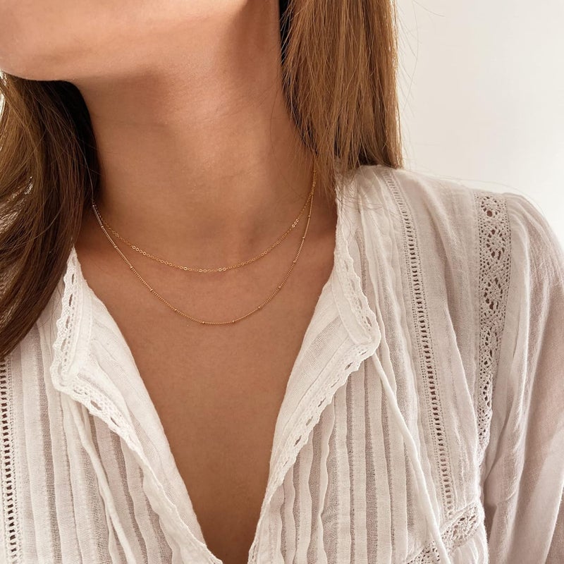 Tewiky Gold Chain Necklace for Women, 14k Gold Plated Thin Beaded Wave Box Chain Necklace Dainty Gold Necklace Simple Layered Gold Choker Necklaces Minimalist Gold Link Chain Necklace Trendy Jewelry for Women - Image 2